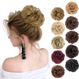 MORICA 1PCS Messy Hair Bun Hair Scrunchies Extension Curly Wavy Messy Synthetic Chignon for Women Updo Hairpiece（Strawberry Blonde & Bleach Blonde）