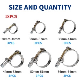 18 Pcs 6 Sizes Goobetter T-Bolt Hose Clamps Stainless Steel, Turbo Intake Intercooler Clamps Assortment, 28-64mm Adjustable T-Bolt Heavy Duty Hose Clamp for Radiator, Automotive, Washing Machine