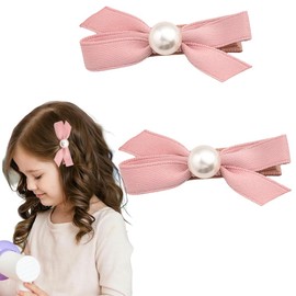 2Pcs Pink Hair Bow Clips for Girls Small Pearl Hair Clip Barrettes for Women Fancy Mini Ribbon Bows for Hair Accessories for Kids Non Slip Hair Clips for Toddler Girls Hair Barrettes for Baby Girls