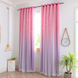 Yancorp Kids Curtains for Girls Bedroom Princess Curtains for Daughter Room 84 Inches Long Star Curtains with Tieback & 3 Bowties(Pink Purple,W52*L84),1 Panel