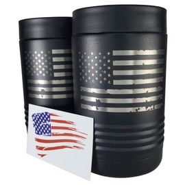 American Flag Double Walled Stainless Steel Insulated Can Cooler – Holds 12 or 16 oz Cans or 12 oz Bottles - Two-Sided Engraving - Includes USA Flag Sticker (American Flag)