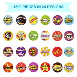 1500 PCS Reward Stickers for Teachers, Soykay 1 inch Encouragement Motivational Stickers Labels for Students School Classroom Award in 24 Designs (3 Rolls)