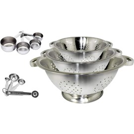 Kitchen kemistry Premium Grade Stainless Steel Colander Basket Strainer Set of 3, with Measuring Cups & Spoon Set - Measure dry or liquid ingredients; Ideal for Cooking Baking Prep - Set of 11 pieces