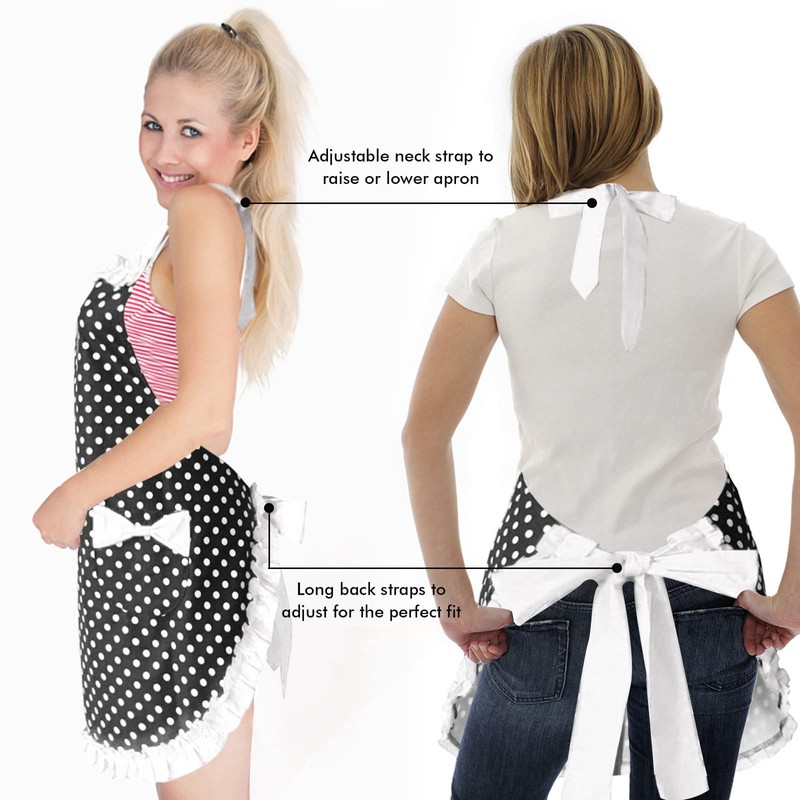 Aprons for Women with Pockets, Cute Adjustable Black Red Chef