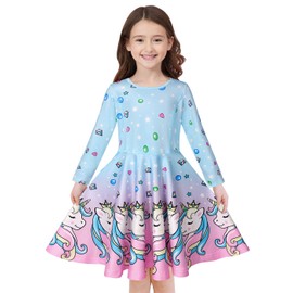 Quedoris Girls Twirly Printed Casual Party Long Sleeve Dress Diamond Unicorn L