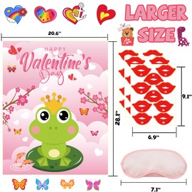 Valentine Games for Kids Pin The Kiss On The Frog Game Valentine Day Activities Pin The Tail Valentines Day with 30 pcs Kiss Stickers Valentines Classroom Games