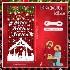 Christmas Jesus Religious Door Cover Jesus is The Reason for The Season Christmas Door Decorations Banner Holy Nativity Red Buffalo Plaid Porch Sign Backdrop Background for Xmas Holiday Party Supplies