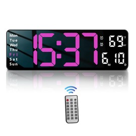 JoFomp Digital Wall Clock - 13" Large LED Display, Loud Alarm, Remote Control, DST, Auto-Dimming, Date and Day, Timer, Temperature - 12/24H Format - Ideal for Living Room, Bedroom (Pink)