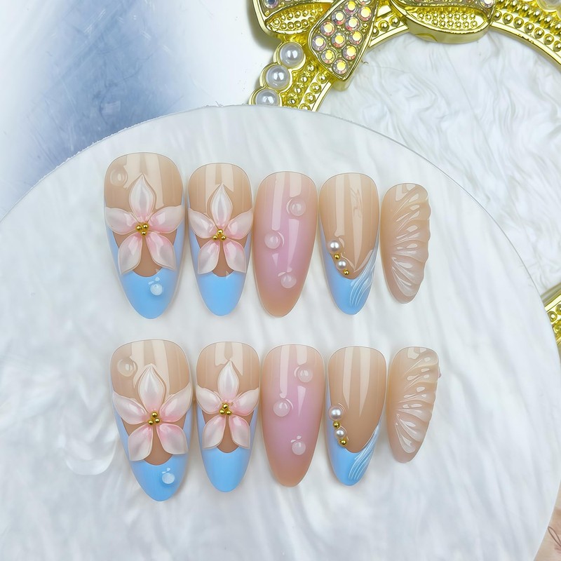 Summer Flower Press on Nails Almond Medium Fake Nails with