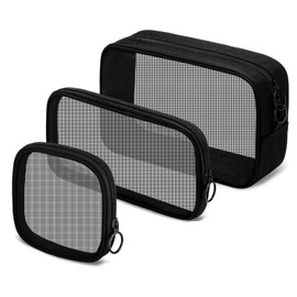 Supkeyer 3Pcs Mesh Cosmetic Bag, Mesh Makeup Bag Portable Travel Organizing Pouch Toiletry Bag with Zipper for Home Office Travel Accessories,3 Sizes, Black, Mesh Makeup Bag With Zipper
