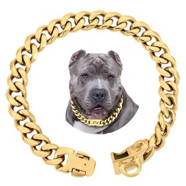 BAOBOTE 15MM Gold Stainless Steel Dog Collar with Cuban Link Chain Heavy Duty Chew Proof Training Collar for Dogs(22" Gold)