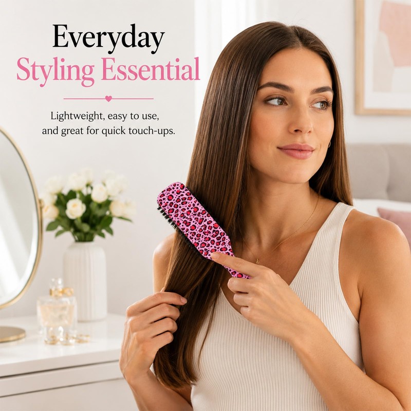 Leopard Print Hair Brush, Pink Soft Bristle, Slick Back Styling