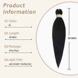 Yebo Pre Stretched Braiding Hair 20Inch 8Packs Easy Braids Extensions Hair Soft Yaki Texture Synthetic Hair for Braiding Kaneklon Braids Hair Extensions for Women