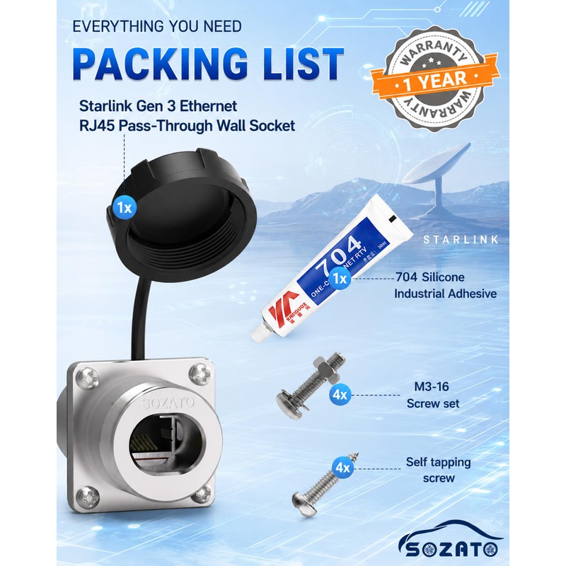 SOZATO Starlink Gen 3 Wall Pass Through Kit Waterproof RJ45