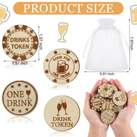 Motionchic 200 Pcs Wooden Drink Tokens Bulk Wedding Drinks Tokens with Organza Bags Wooden Nickels Free Drink Tickets Bar Poker Chips for Party Bar Tickets Wedding Classroom Reward Oktoberfest Favors