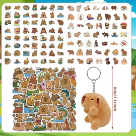 Pack of 100 Capybara Stickers and Capybara Plush Key Chain, Vinyl Capybar Waterproof Stickers, Kawaii Waterproof Animal Stickers, Decor Graffiti for DIY Laptop Luggage Fridge