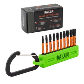 Railer Torx Bit Set - Premium S2 Steel 2 Inch Impact Driver 10-Piece 6 Star Bit Set With A Tool Storage Bit Holder & Carabiner (Hi-Vis Green Bitrail, Standard Bitrail)