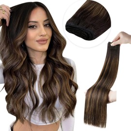 LaaVoo Real Hair Extensions Sew in Human Hair Extensions Dark Brown Balayage Brown Hair Extensions Weft Hand Tied Real Human Hair Extensions Sew in Black Girl 16 Inch 100G
