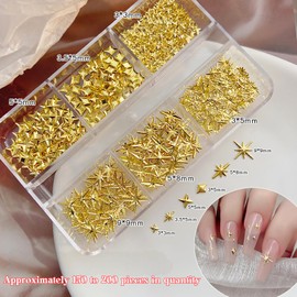 Gold Metal Star Nail Art Charms Set, 6 Styles 3D Nail Decorations with Storage Box, 150-200 Pieces Mixed Size Pentagram Studs for DIY Manicure