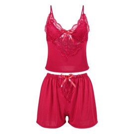 GIVTULIP Women's Pyjamas Shorts Set Summer V Neck Cami Top & Shorts Pj Sets Lace Crop Top Soft Sleep Set with Drawstring Sleeveless Tank Tops Nightwear Sleepwear Loungewear Black/Red S-XL