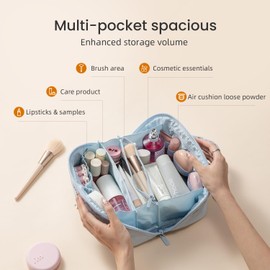 LOVEVOOK Travel Makeup Bag for Women 2Pcs Set, Puffer Waterproof Cosmetic Organizer, Large Capacity Pouch Open Flat Toiletry Bag with Divider & Handle, Portable Gift for Her, Blue