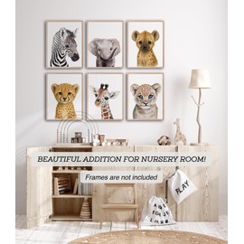KIU DESIGNS Nursery Wall Art - Unframed Safari Nursery Decor - Set of 6 Animal Wall Decor Gift for Baby - Safari Portrait - 8"x10"