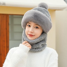 One-Piece Hat Womens Winter Warm Elastic Soft Ear Protection Knitted Scarf Mask Hat Fleece Lined Beanie Hat (US, Alpha, One Size, H-Grey)