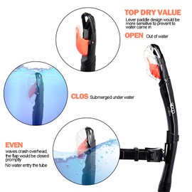 Dry Snorkel, Adult Dive Snorkel Free Breath Diving Snorkel Tube Food-Grade Silicone Mouthpiece Snorkeling Gear with Splash Guard Top Valve and Headstrap Clip for Snorkeling Swimming (A-Black)