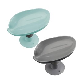 Bojueshaw 2pcs Leaf Shape Soap Holder,Self Draining Suction Cup Soap Dish,Angled Soap Saver Tray for Shower,Bathroom & Kitchen(Blue&Grey)