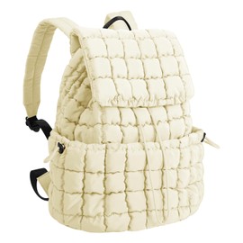 XSUIOY Quilted Backpack Purse for Women Small Lightweight Puffer Puffy College Laptop Backpack Nylon Casual Bookbag Daypack Top Flap Drawstring Padding Hiker Travel Gym Backpack(Beige)