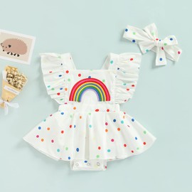 Newborn Infant Baby Girls Summer Romper Dress Cute Rainbow Dots Pattern Ruffle Sleeve Cross Back Bodysuit Summer Outfits (White, 0-6 Months)