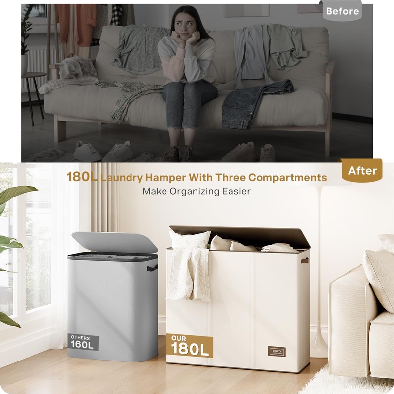 SOLEDI 180L Laundry Hamper 3 Section, Extra Large Laundry Hamper
