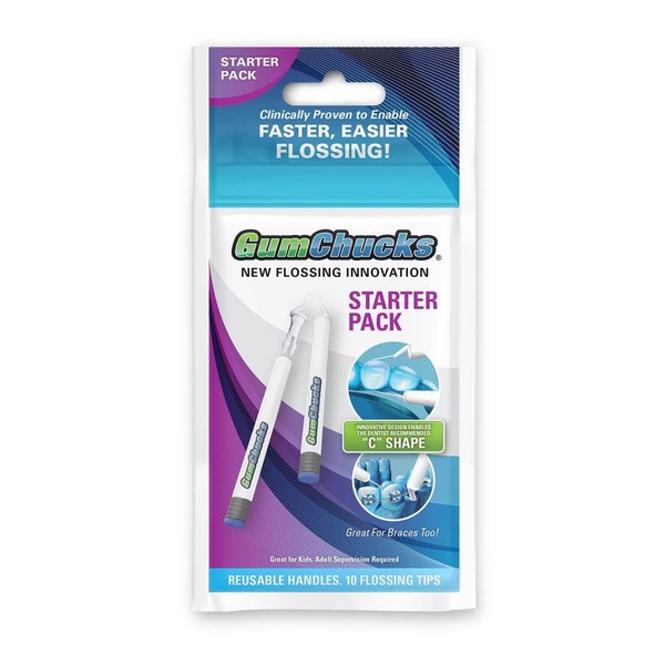 GumChucks | Faster, Easier Flossing! Adult Starter Pack for Teeth | Dental Gum Floss Picks | Floss Threaders Tool | Flossers Designed for Braces | Reusable Handles and 10 Flossing Tips