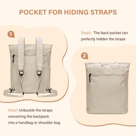 Foldaway Convertible Tote Backpack Lightweight Nylon Daypack for Women Men City Pack Versatile Backpack for Leisure Travel, Apricot