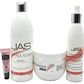 JAS Perfect Hydra Anti-breakage Shampoo & Conditioner 16 oz, Hydrating Mist 8 oz with Linseed Oil + Soy Protein "Free Starry Sexy Kiss Lip Plumping 10 Ml“