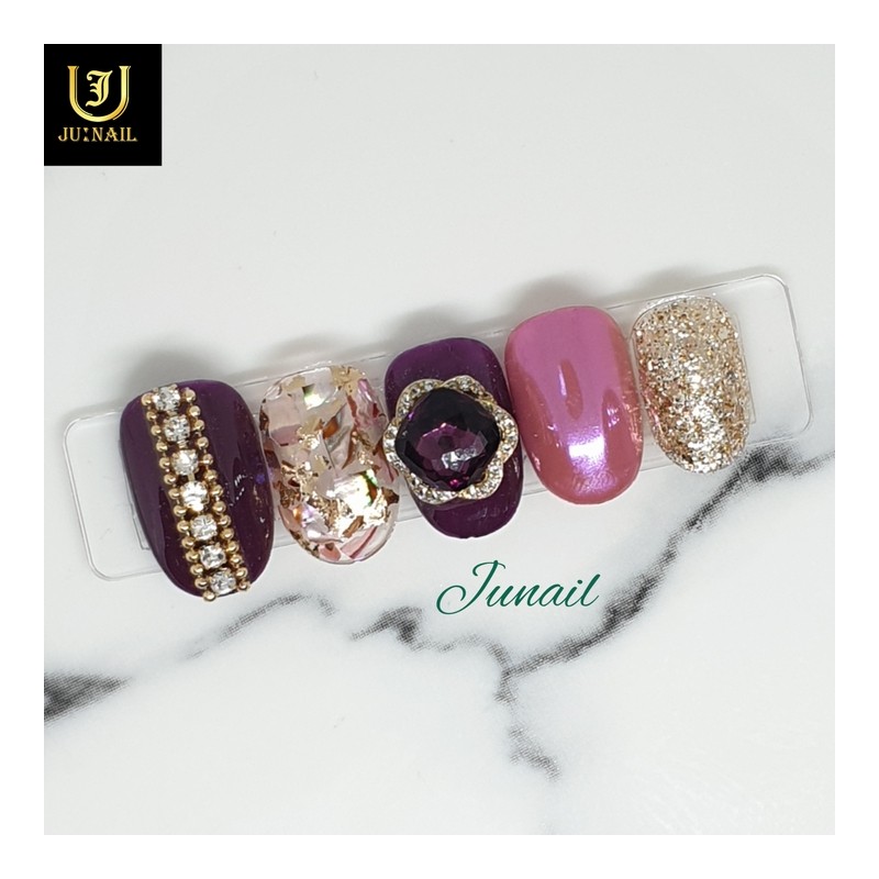 Purple mother-of-pearl handmade nail tips - Short stiletto / 자주빛자개