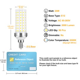 E12 led bulb,20W candelabra led light bulbs,daylight white 6500K,150 Watt equivalent incandescent light bulbs,ceiling fan light bulbs,led chandelier bulb,2000lm led bulbs,Non-dimmable E12 bulb,4 Pack