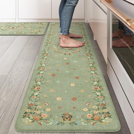 KIMODE Kitchen Anti Fatigue Mats, Farmhouse Kitchen Rugs Sets of 2, Memory Foam Kitchen Mats for Floor, Waterproof Standing Mat for Sink Laundry Office Desk Green 17"x59"+17"x29"