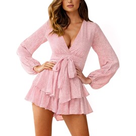 Relipop Women's Romper Floral Print V Neck Baggy Sleeve Waist Tie Layered Ruffle Hem Short Casual Summer Rompers Jumpsuits