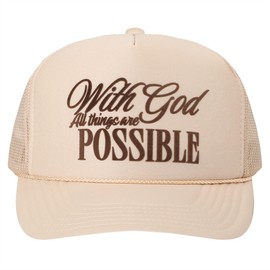 MIRMARU Christian-Themed Heat Printed 5 Panel Foam Trucker Hat with Mesh Back for Men and Women. (with God All Things are Possible-Tan)