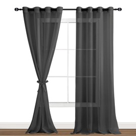 Hiasan Black Sheer Curtains for Bedroom with Tiebacks, Grommet Light Filtering and Breathable Voile Window Curtains for Living Room, Kids Room and Nursery, W52 x L90, Set of 2 Panels
