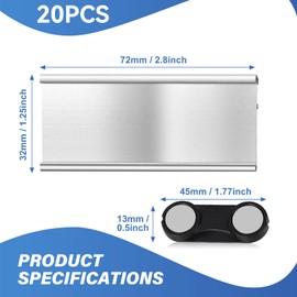 Pack of 20 Aluminium Name Plates with Strong Double Magnet, Name Badges for Clothing Magnet with Safety Pins, Professional Magnet Name Plate with Paper Slot, Approx. 72 x 35 mm