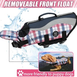 EMUST Dog Life Vests, Adjustable Dog Life Jackets for Small Dogs with Enhanced Buoyancy, Small Swim Vest with Durable Rescue Handle, Navy Check, XS