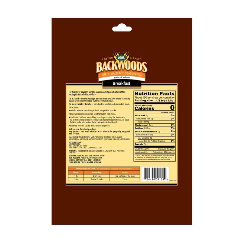 LEM Products Backwoods Reduced Sodium Breakfast Fresh Sausage Seasoning, Ideal