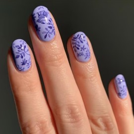 IMSOHOT Press on Nails Short Oval Fake Nails with Purple Flower & Rabbit Pattern Design Full Cover Acrylic Cute Glossy Round False Nails for Women Girls Manicure Decoration Supplies 24Pcs
