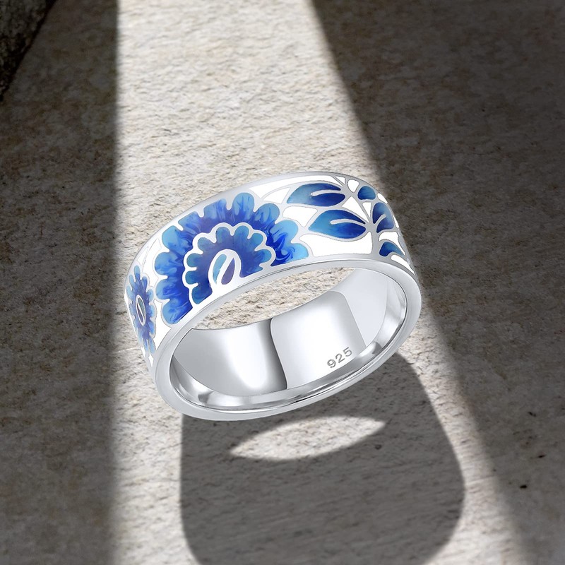 Santuzza 925 Sterling Silver Daisy Ring Blue Enamel Flower Pattern
