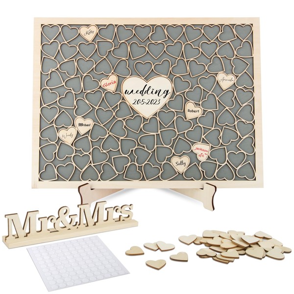 VINFUTUR Wooden Wedding Guest Book Set, Guest Book Frame + Mr&Mrs Sign + 110Pcs Heart Shapes + 2Pcs Pens + Glue Dots for Wedding Reception Birthday Party Baby Shower Decoration