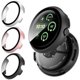 GCVSE 3-Pack Case for Pixel Watch 3 41mm Screen Protector, Easy-to-install Rugged Case and Full-coverage Anti-friction Tempered Protective Film (Black, Rose Gold, Silver)