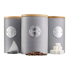 Cooks Professional Kitchen Storage Set | 3-Piece Ribbed with Bamboo Lids | Tea Coffee Sugar | Grey/Silver
