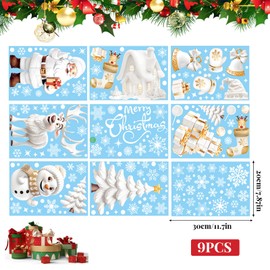 JAMSSOW 190pcs 3D Christmas Window Stickers,9 Sheets Christmas Window Decoration,Double Sides White Xmas Window Stickers with Santa Claus Reindeer Snowflakes for Windows Christmas Party Decor